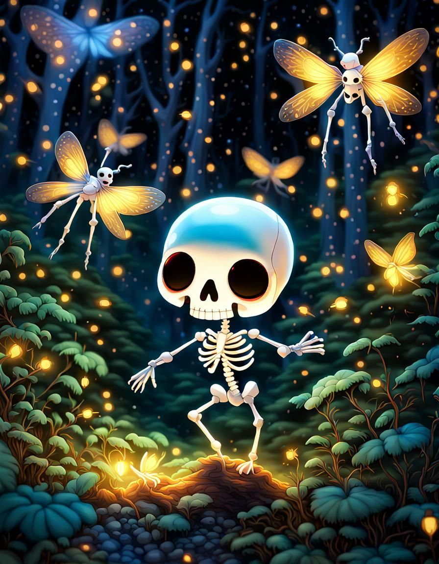 Dancing Skeletons in Enchanted Forest: Hyperdetailed Art