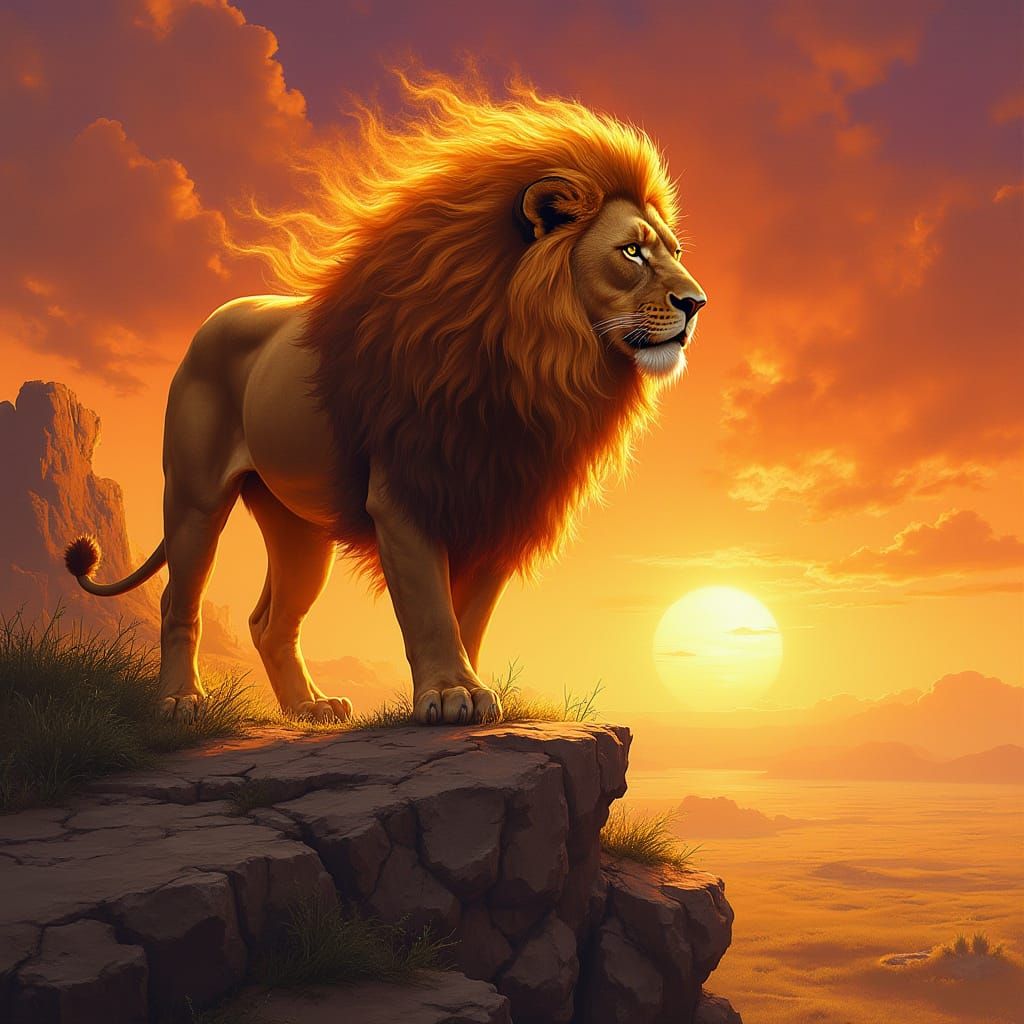 Fiery Lion Overlooking Savanna in Fantasy Art Style
