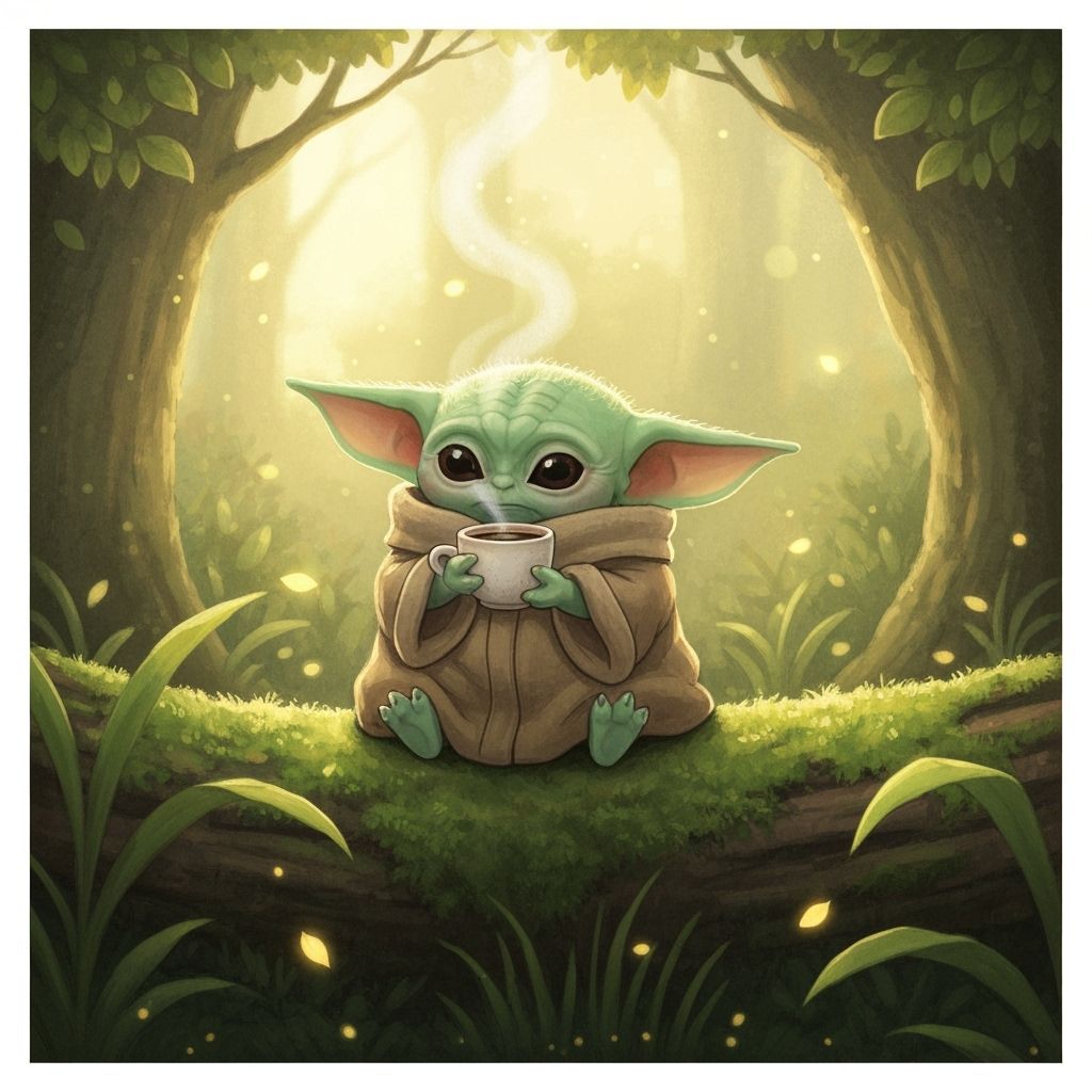 Baby Yoda Enjoys Coffee in Enchanting Forest Scene