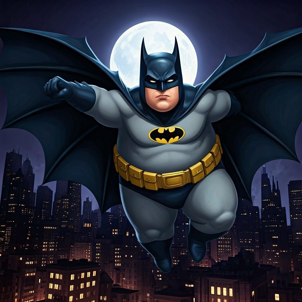 Chubby Caped Crusader Soaring Over Gotham