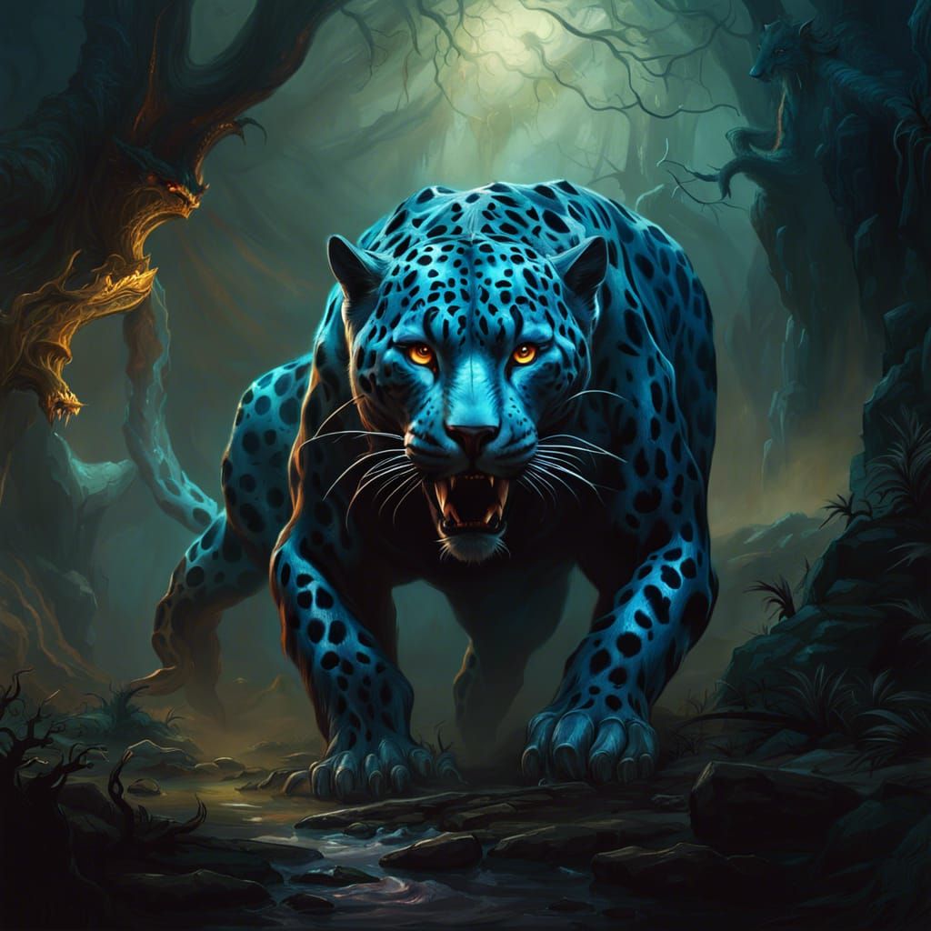 Jaguar with Devil Horns in Mysterious Mythic Landscape