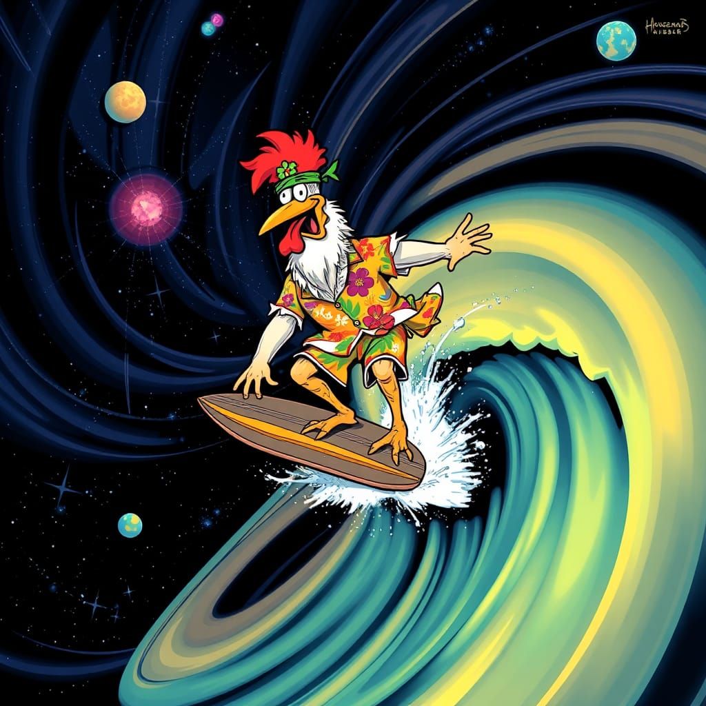 Psychedelic Chicken Surfer Rides Saturn Rings