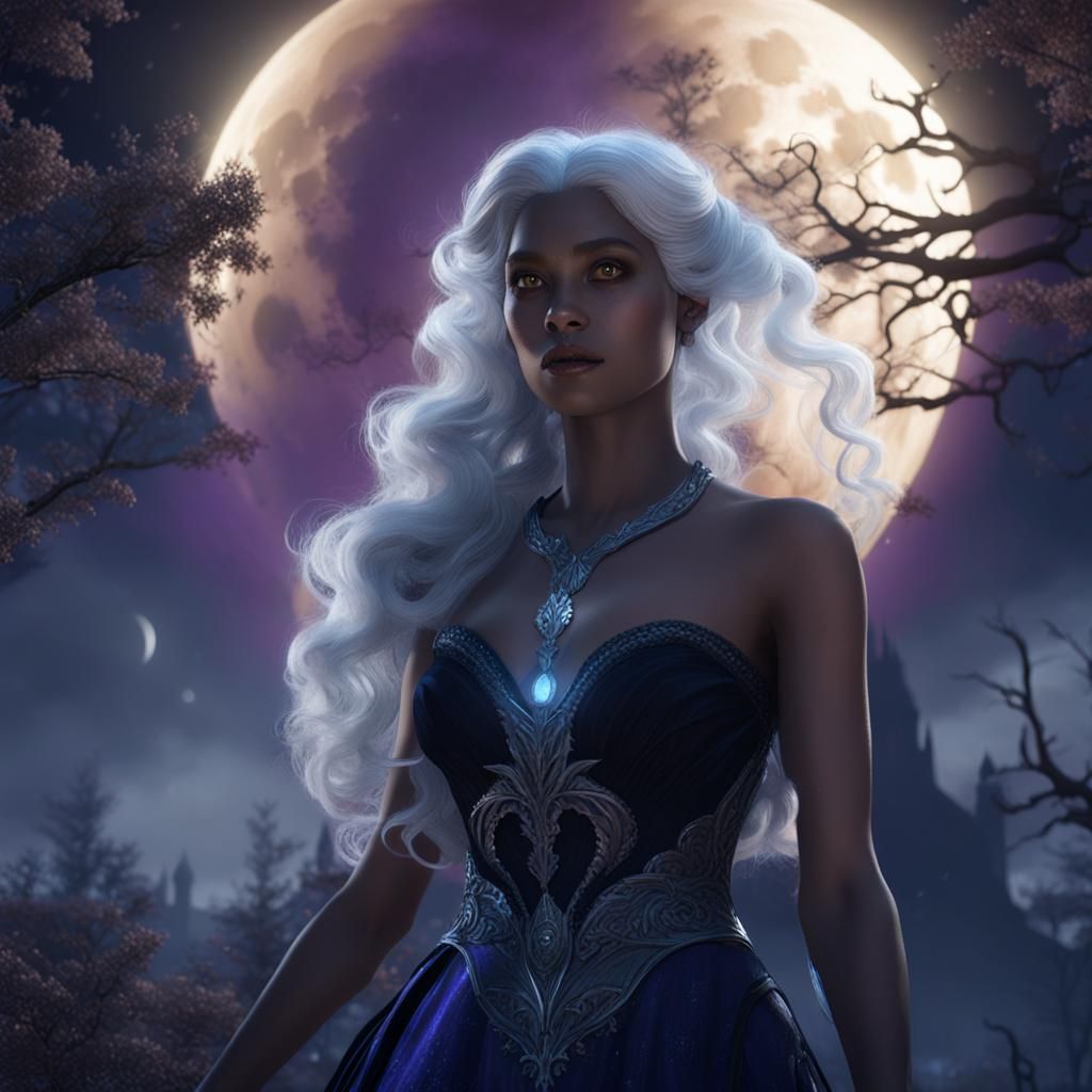 Silver-Haired Girl Under Moonlight in Dark Fantasy Style