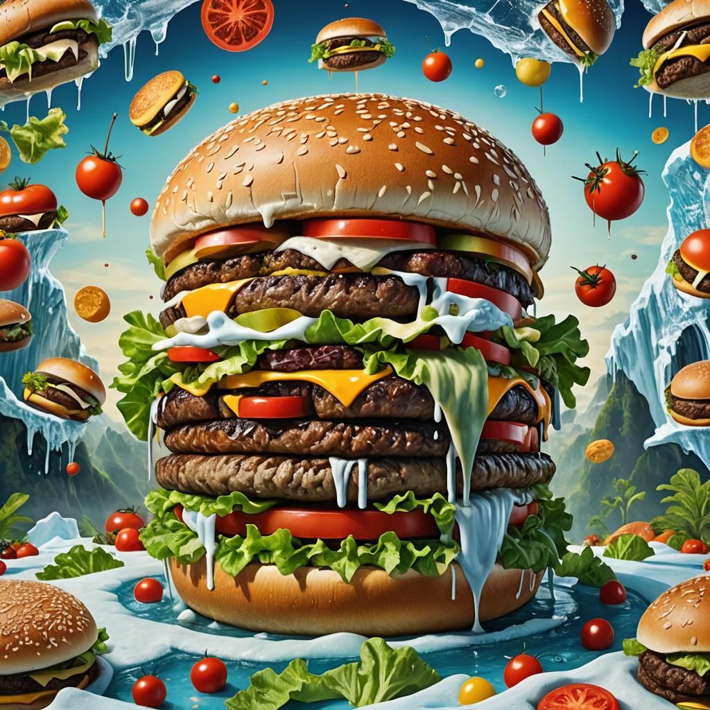 Giant Cheeseburger Planet in Surrealist Style