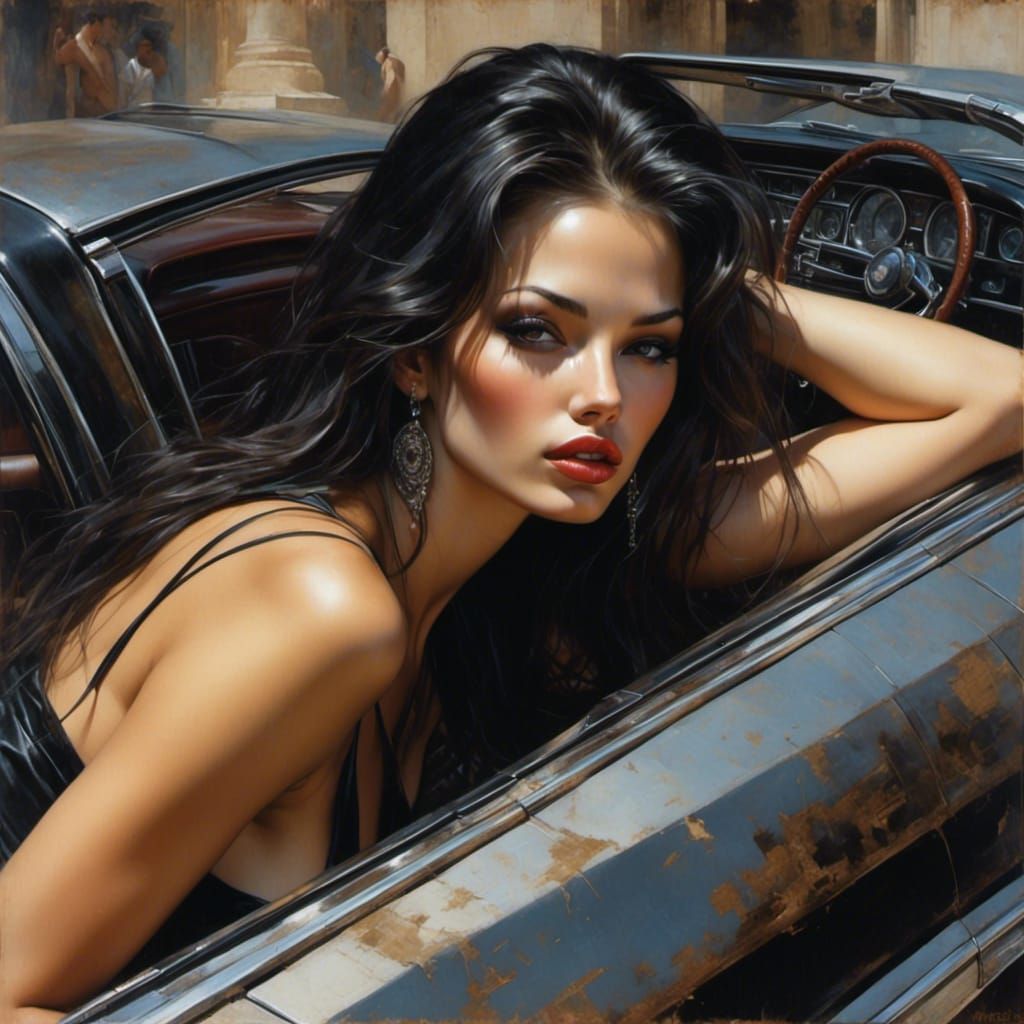 Brunette in Black Dress Lounging in Luxury Car