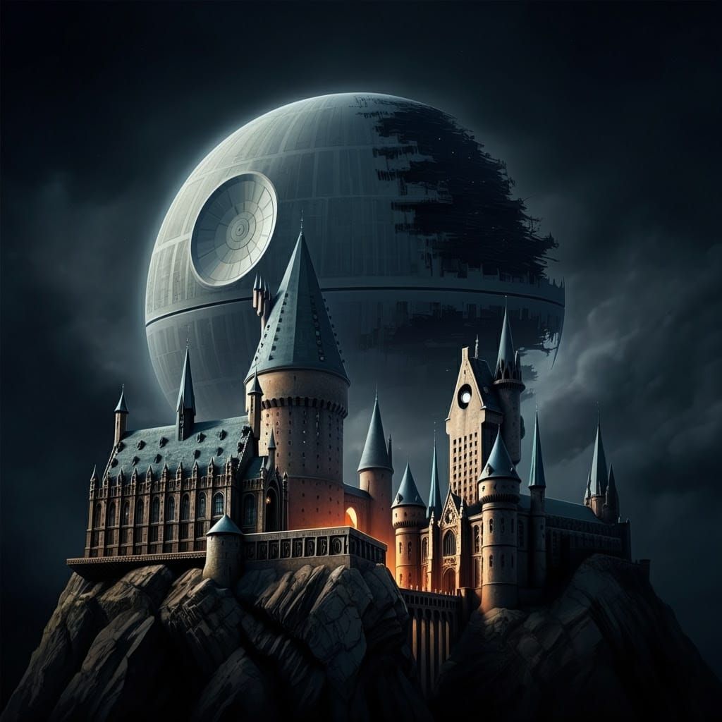 Cyberpunk Death Star Menaces Hogwarts in a Dystopian Landsca...