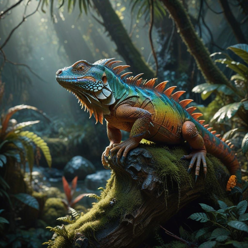 Colorful Clay Iguana in Jungle, Jugendstil Digital Painting