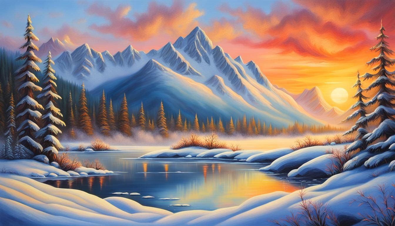 Ethereal Sunset Over Snowy Canadian Lake