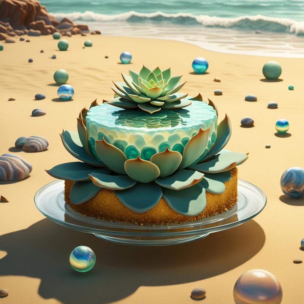 Succulent Cake on Beach in Dreamlike Digital Art