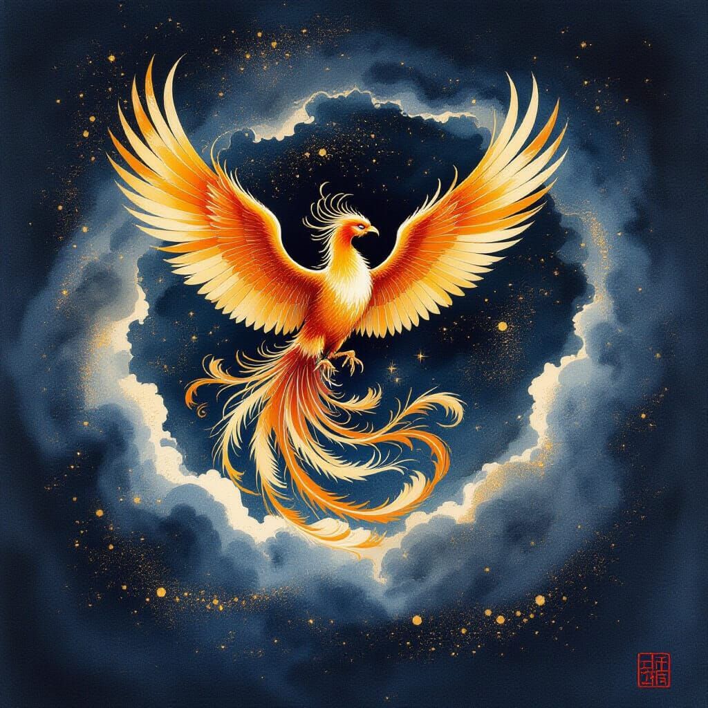 Majestic Phoenix Rises from Cosmic Vortex in Ink Wash Style