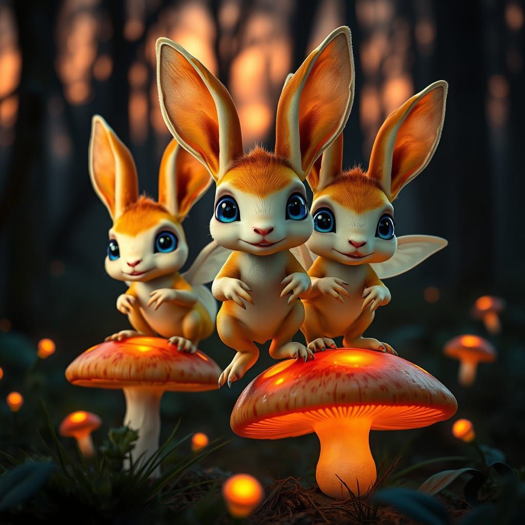Enchanted Forest Creatures: Rabbit-Fairy Hybrids on Glowing ...