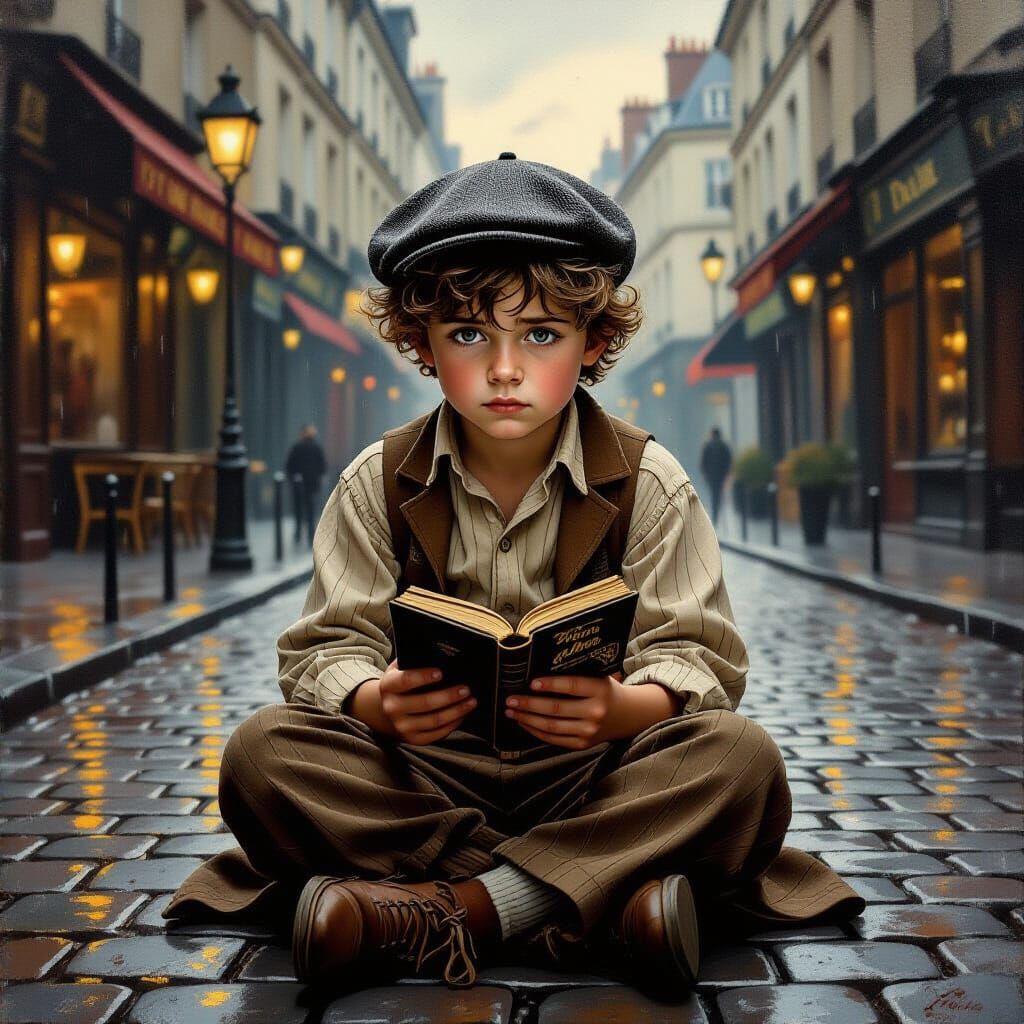Melancholy Boy on Cobbled Street, as Oil Painting