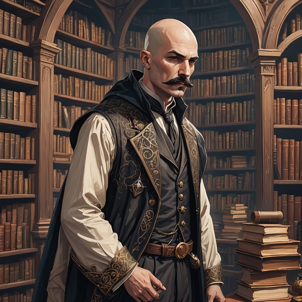 Young Wizard Researching Obscure Lore, Fantasy Illustration