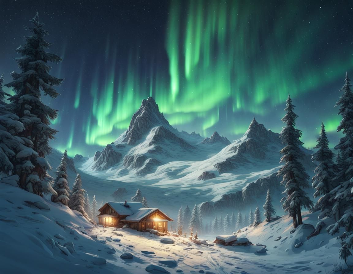 Ethereal Aurora Borealis Over Snowy Mountain