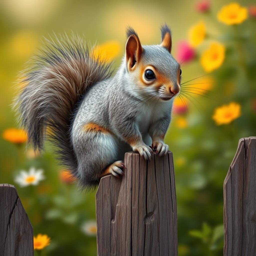 Squirrel on a Rustic Wooden Fence in Photorealistic Style