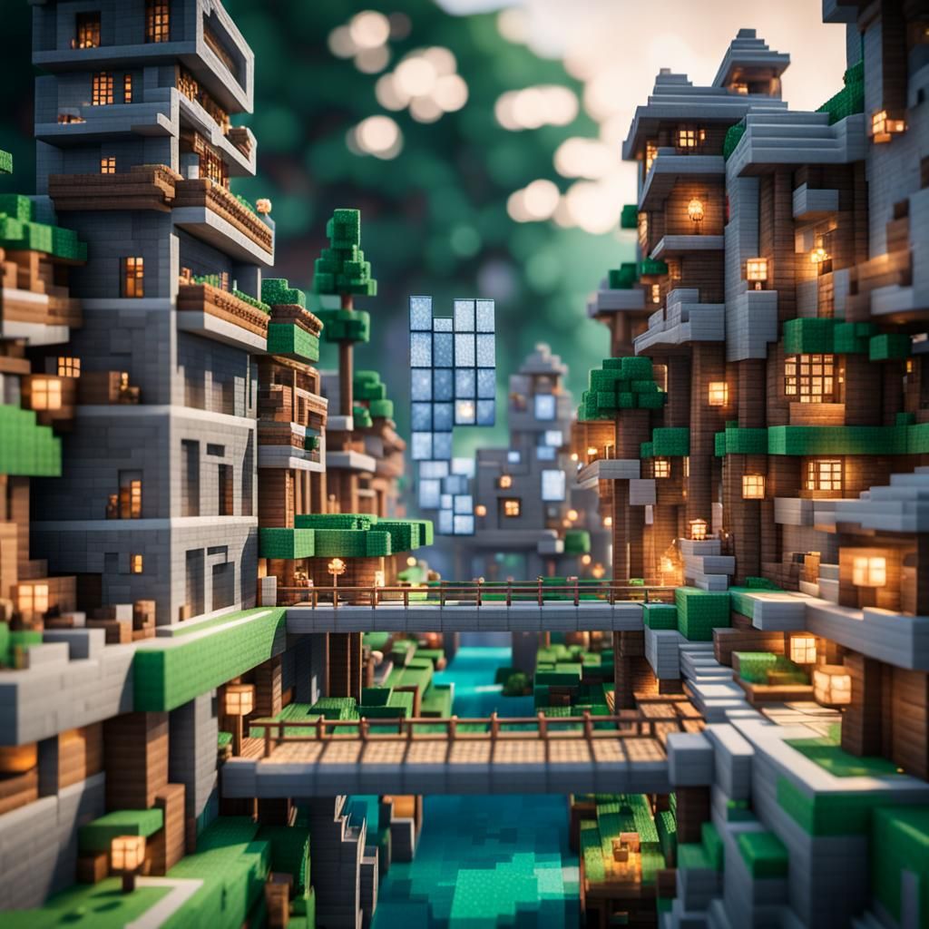 Minecraft Buildings Linked by Bridges: Detailed Photograph