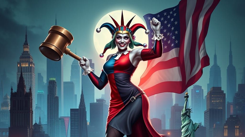 Lady Liberty as Harley Quinn in Whimsical Gotham Cityscape
