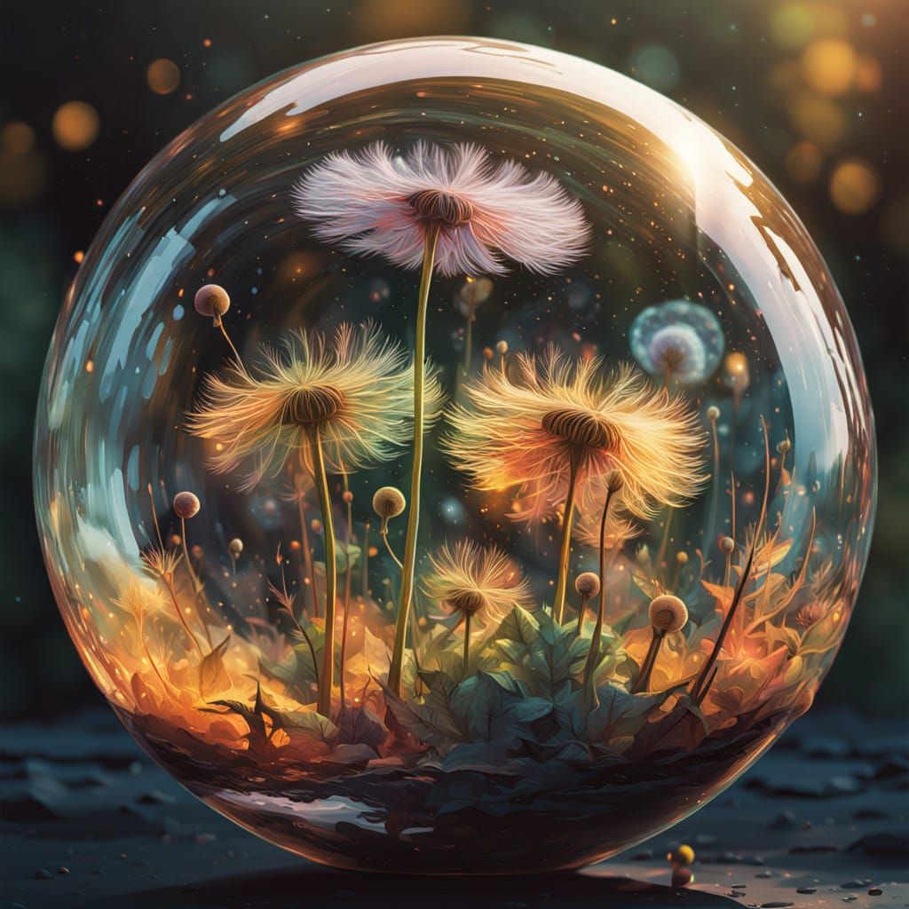 Vibrant Dandelions in Shimmering Soap Bubble