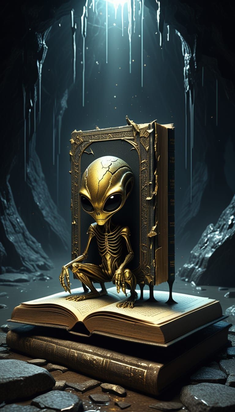 Surreal Alien Watches Gold Drip from Ancient Book