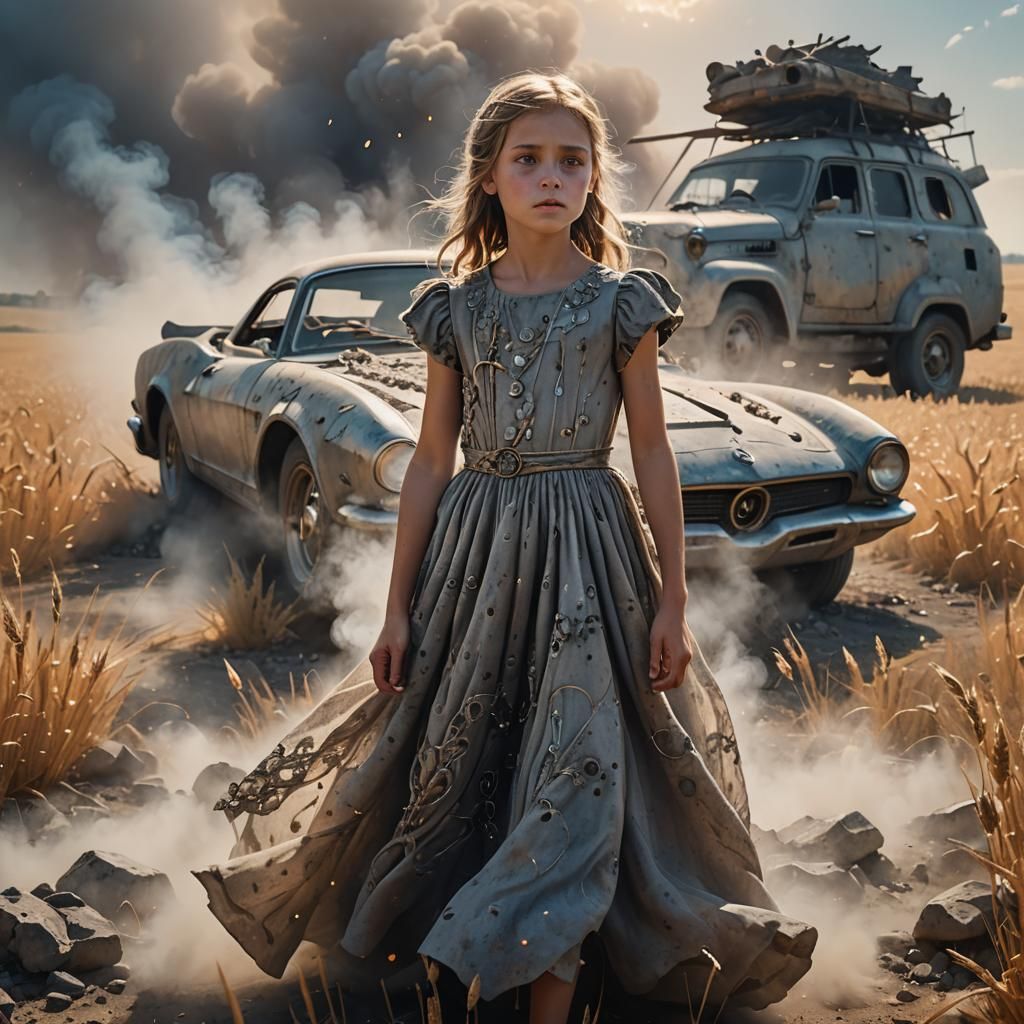 Mystical Girl in Cement Dress by Wheat Field