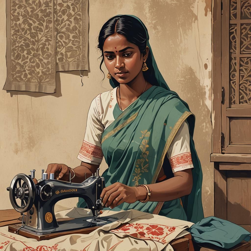 Bangladeshi Girl Sewing: Stylized Digital Illustration