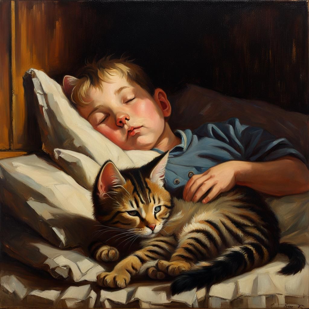 Boy and Kitten Napping: Oil Painting