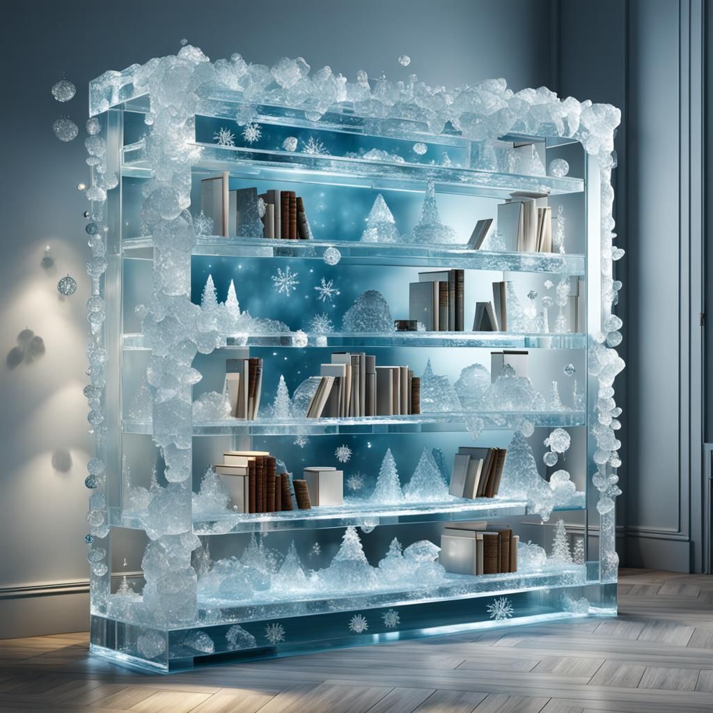 Ice-Transparent Azure Silver Bookcase in Hyper-Realistic Sty...