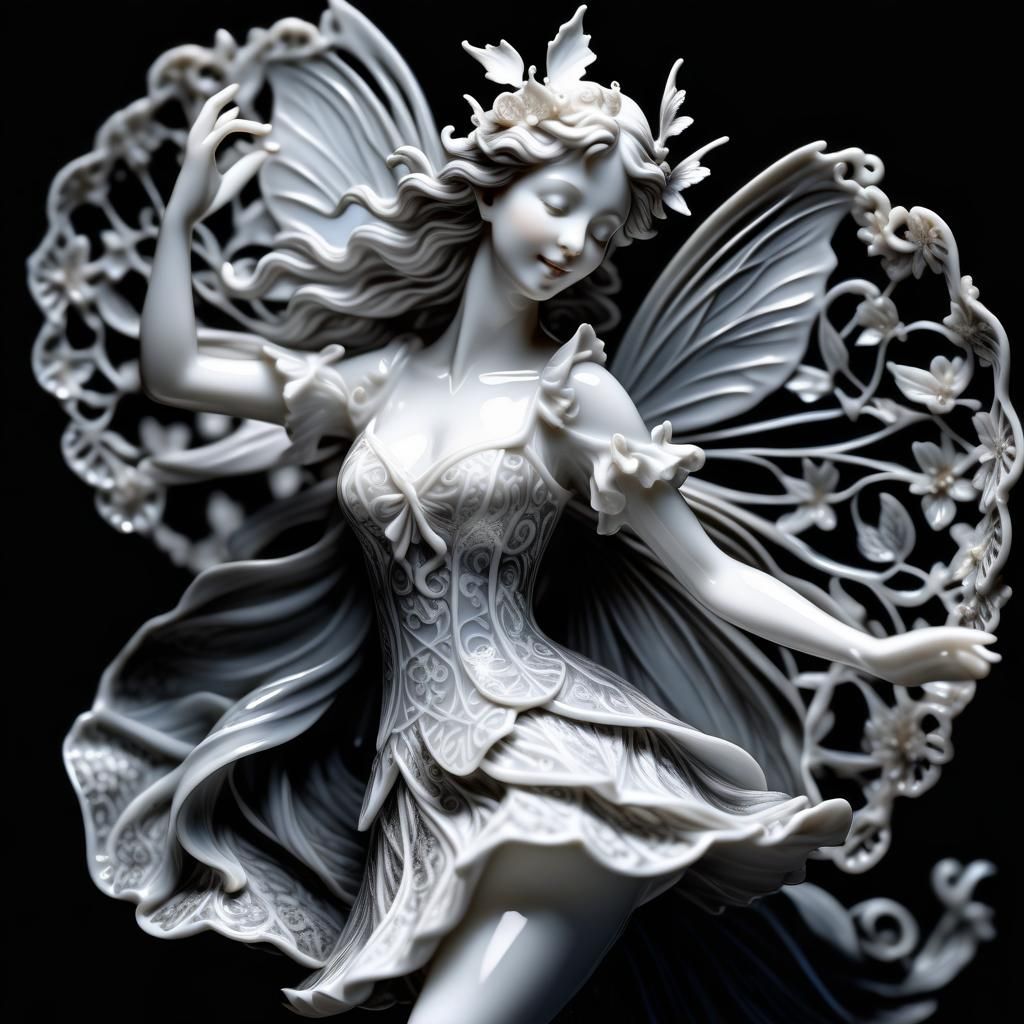 Detailed Porcelain Fairy Dance in Chiaroscuro Style