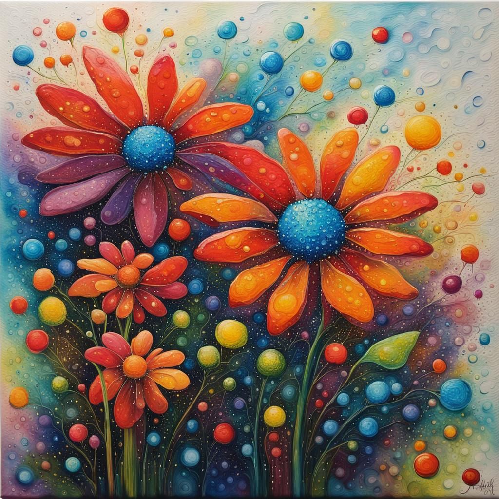 Cosmic Flower Bouquet with Dewdrops, Impressionist Style