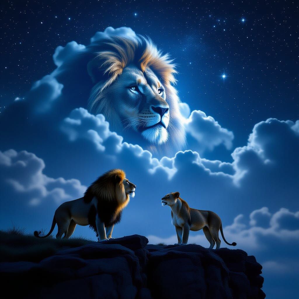Lion Couple Gazing at Starry Sky