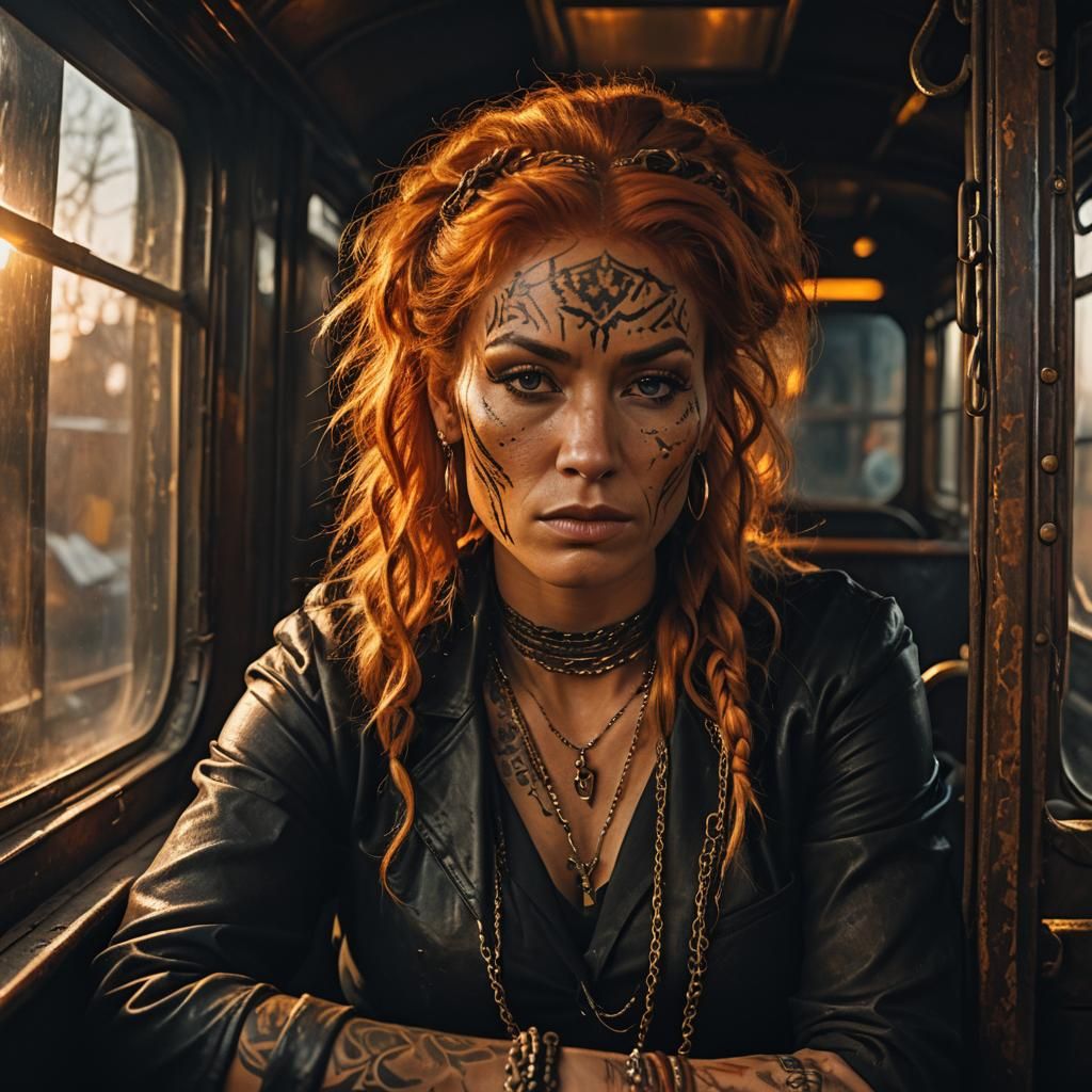Fierce Woman in Train Car, Golden Oil Painting