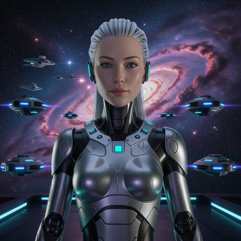 Futuristic Android Escorted by Drones in Cosmic Space