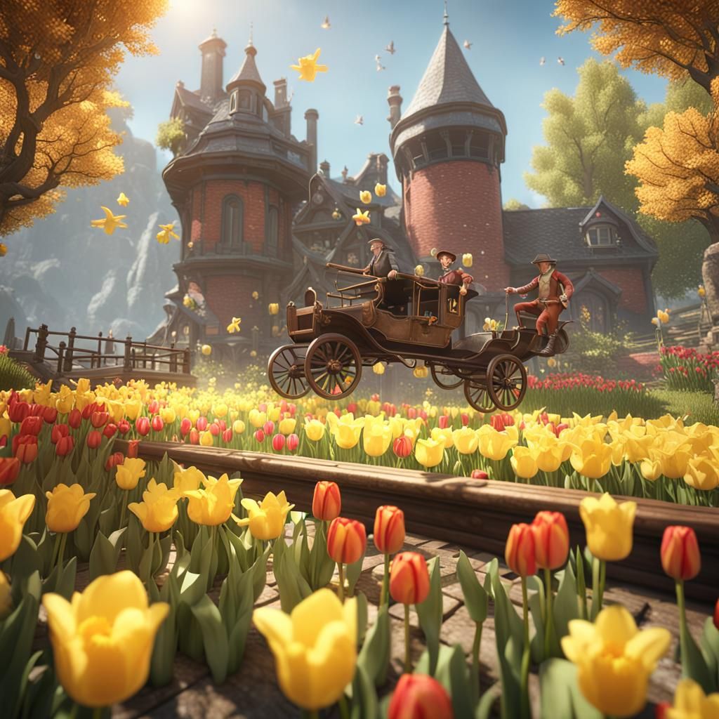 Classic Platform Game with Tulips and Daffodils