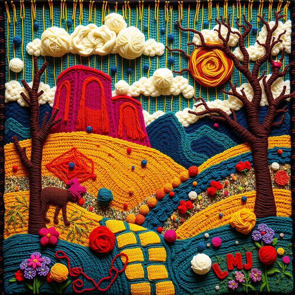 Surreal Macramé Landscape in Gold and Jewel Tones