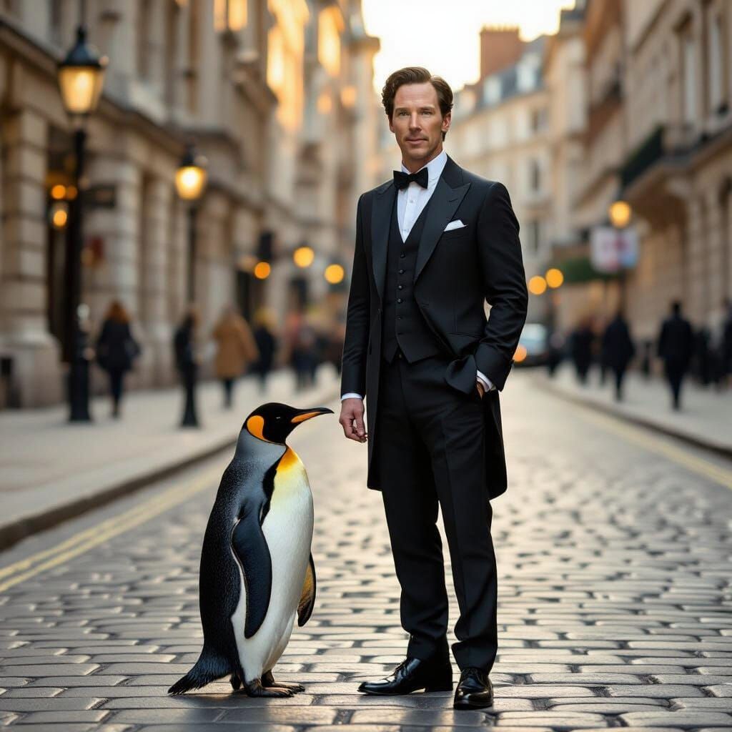 Benedict Cumberbatch Holds Penguin in London Golden Hour