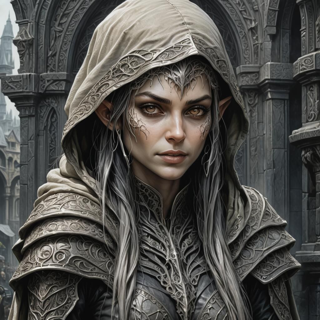Elven Rogue Portrait in Ornate Giger Style