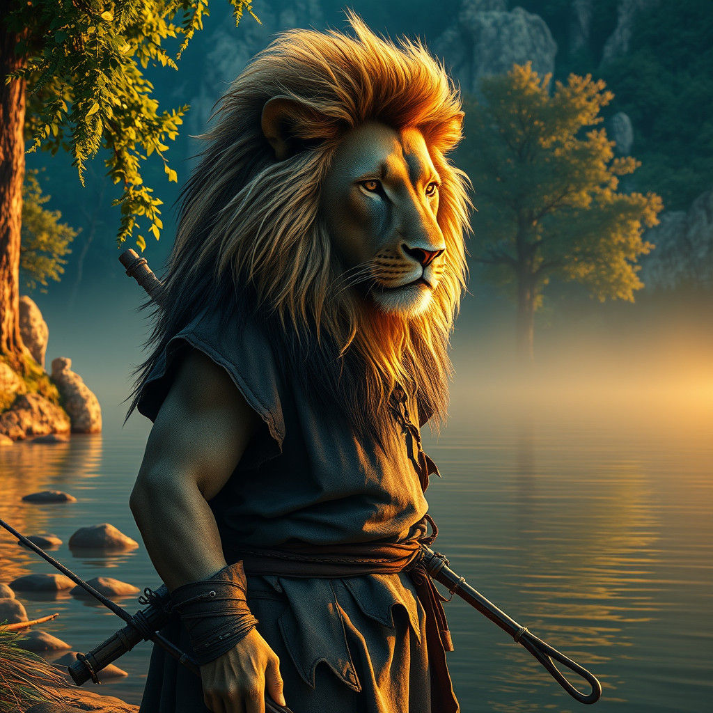 Lion Fisherman in Fantastical Forest River