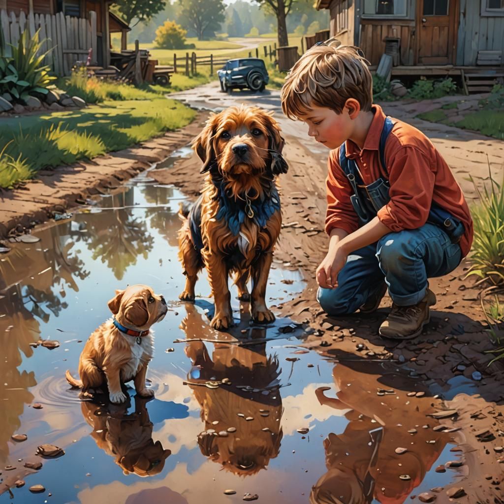 Boy and Puppy Reflect in Colorful Puddle