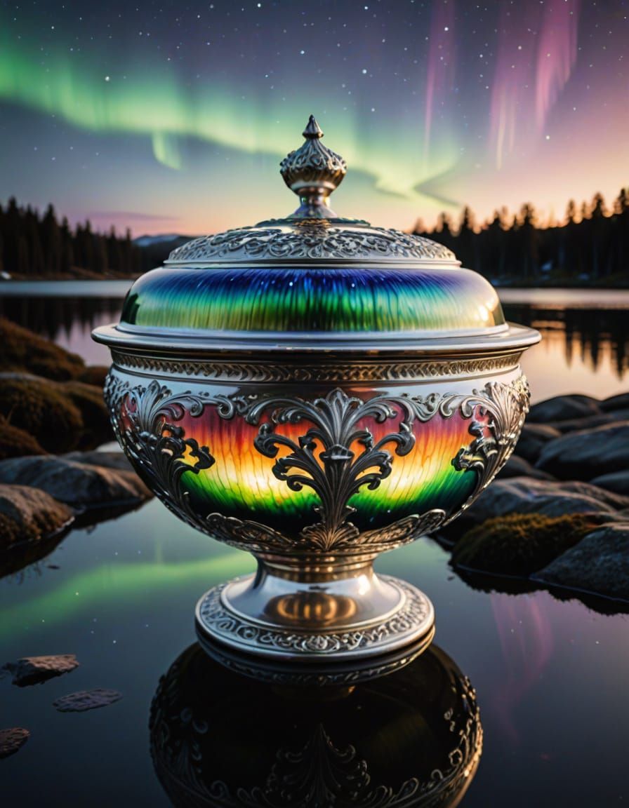 Rococo Enamel Bowl with Northern Lights Reflection