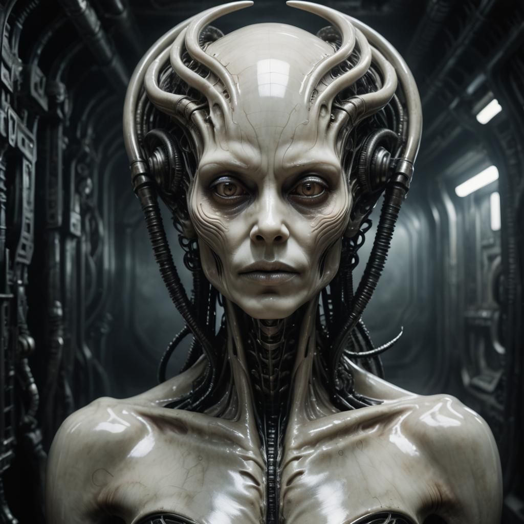 Surreal Alien Portrait in H.R. Giger's Eerie, Futuristic Sty...