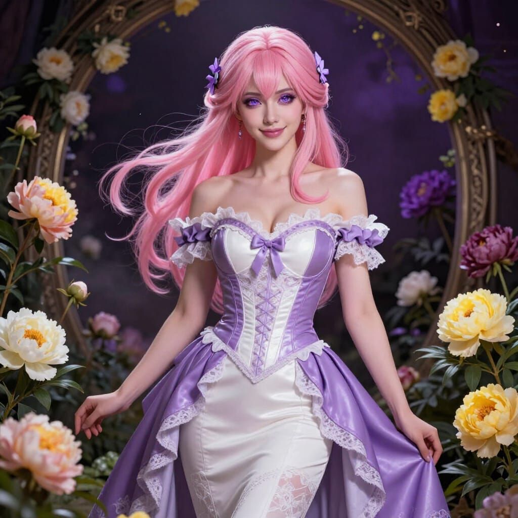 Pink Haired Woman in Peony Garden