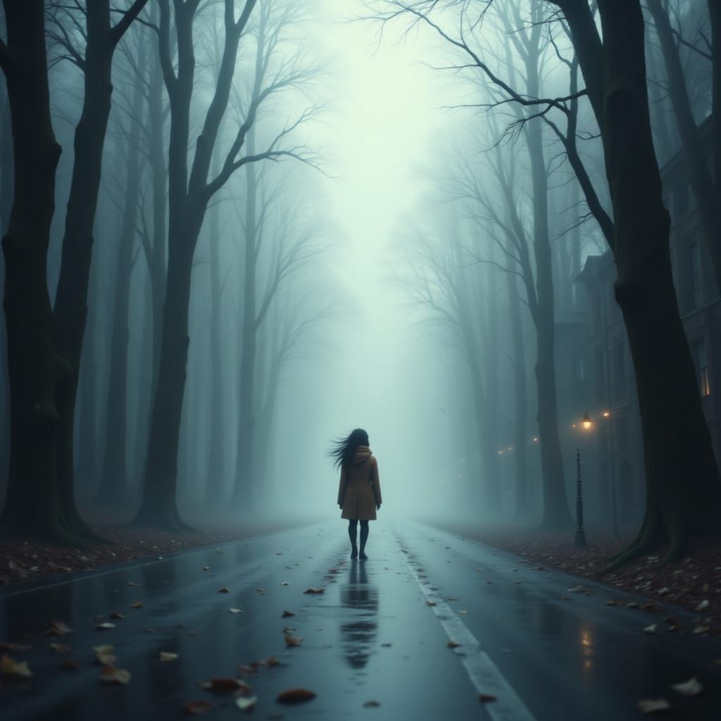 Lone Figure in Foggy City Street