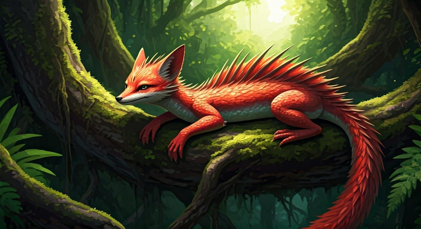 Fox-Dragon Lounging Among Ancient Tree Roots