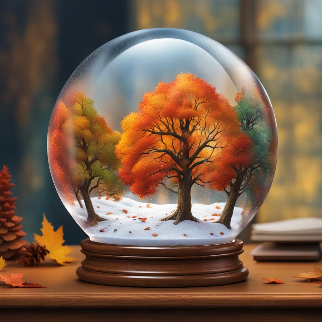 Autumn Trees in Snow Globe Hyperrealistic Digital Art