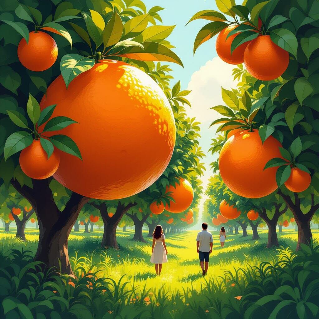 Giant Oranges in Orchard, Whimsical Digital Art