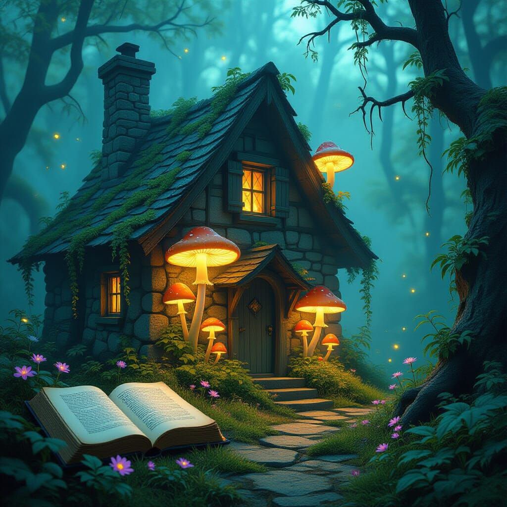 Mystical Cottagecore Scene with Bioluminescent Flora