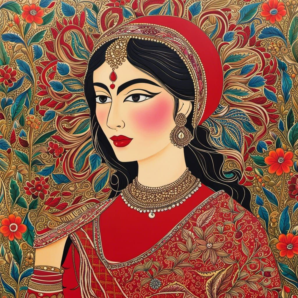 Woman in Red Dress: Madhubani Style Painting
