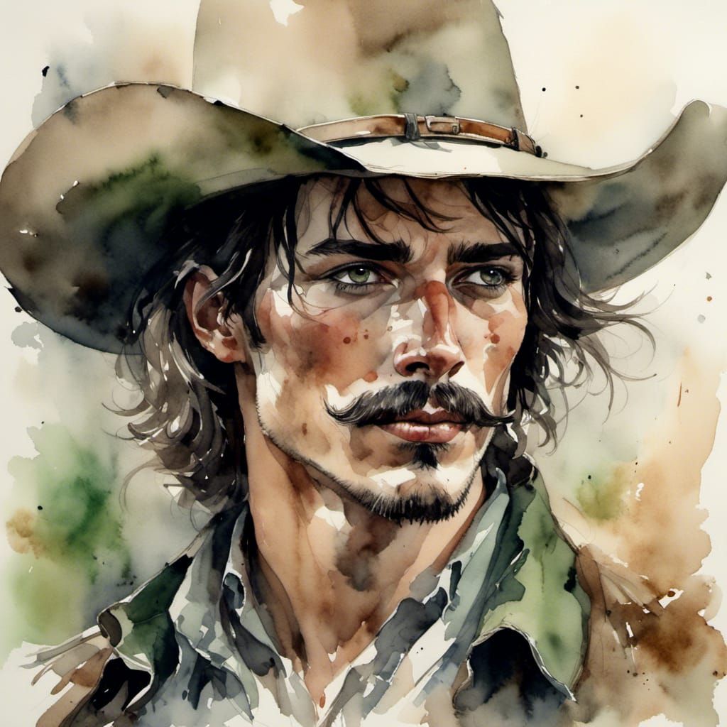 Hauntingly Beautiful Cowboy: Antique Watercolour Portrait