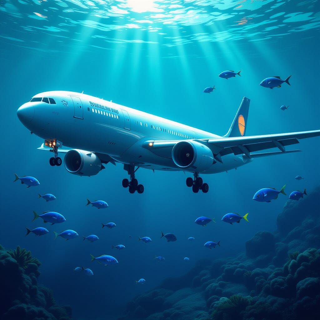 Underwater Airplane Dreamscape in 3D Rendered Style