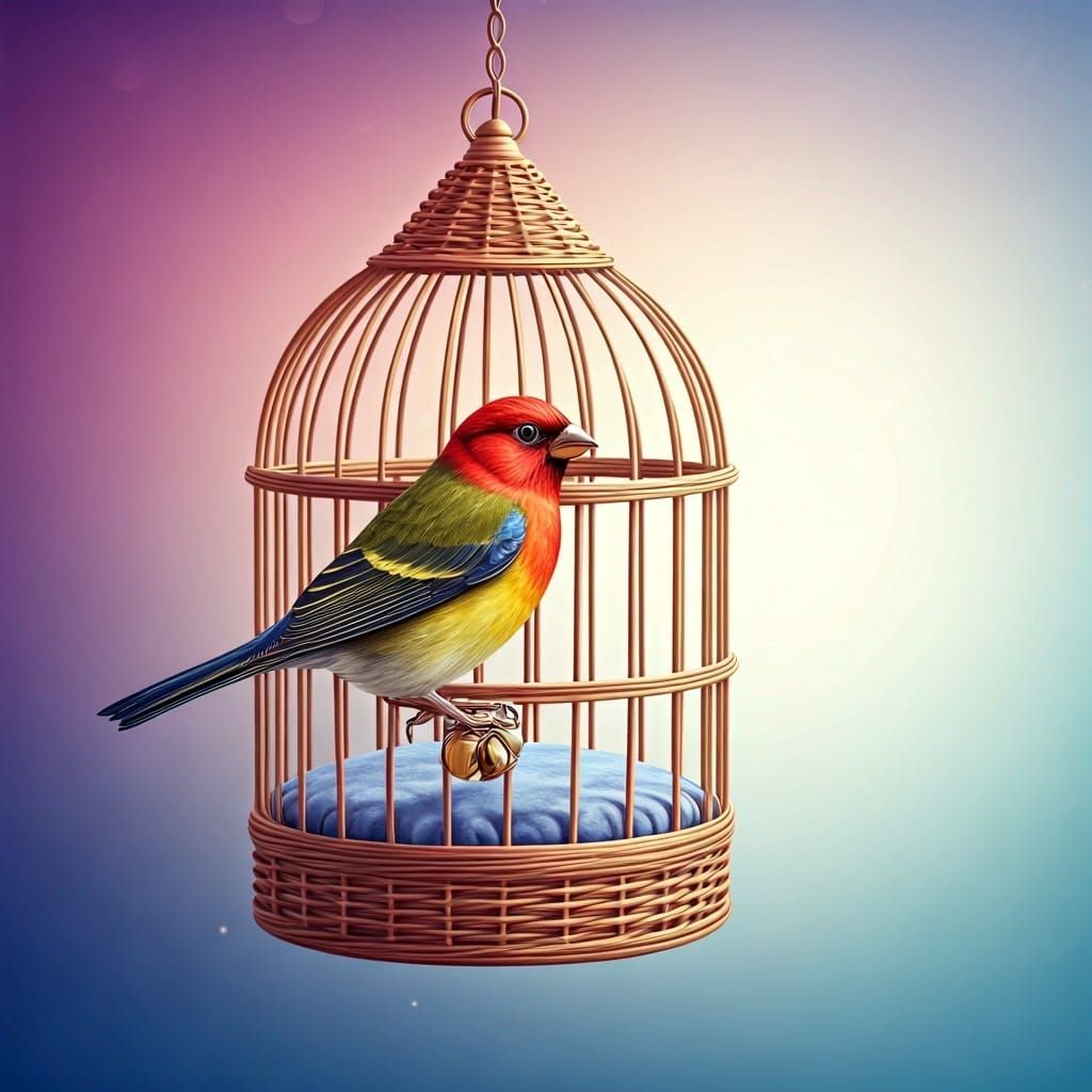 Whimsical Songbird in Wicker Cage with Ethereal Backdrop